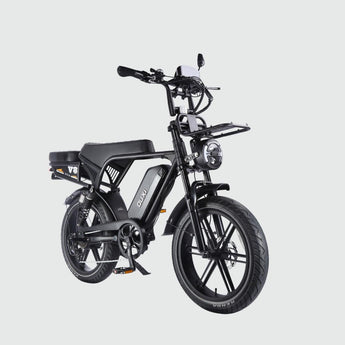 OUXI V8 Ultra electric fat bike in black, front three-quarter view, Inner City Scooters Dublin